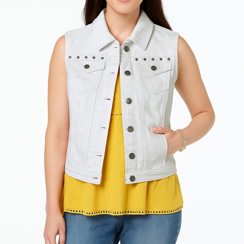DKNY White Sleeveless‎ Denim Vest